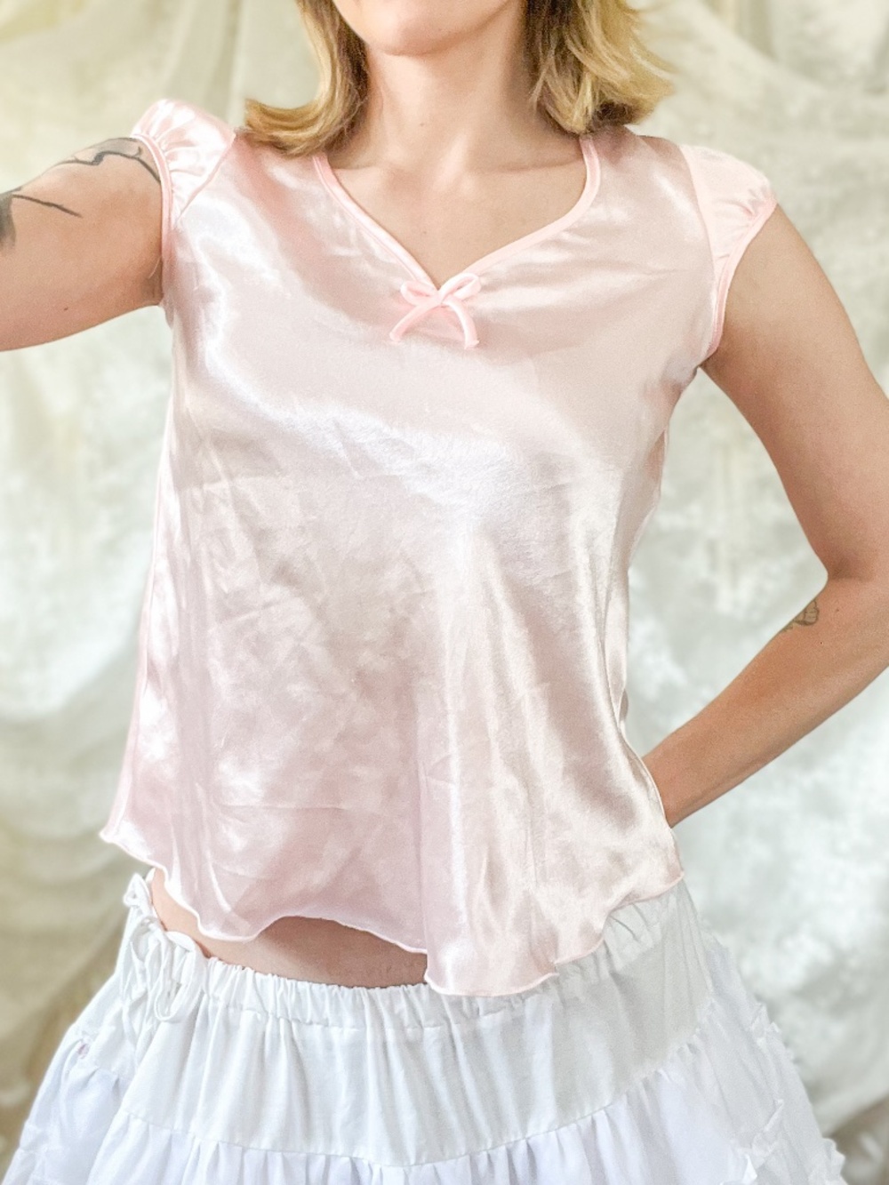 Baby Pink Satin Flutter Sleeve Sleep Top